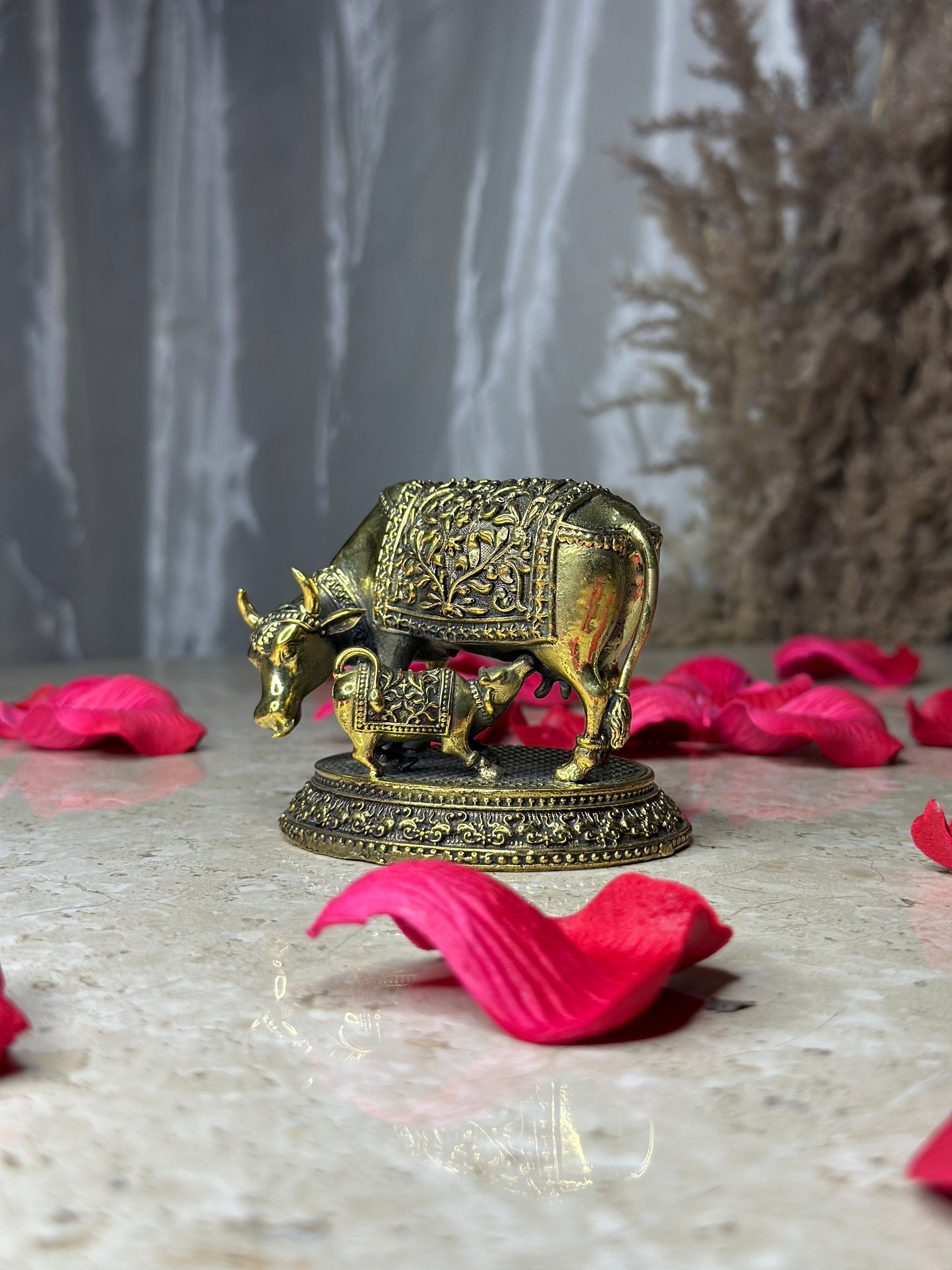Cow & Calf Brass Murti | Kamdhenu Idol for Home, Temple & Gifts